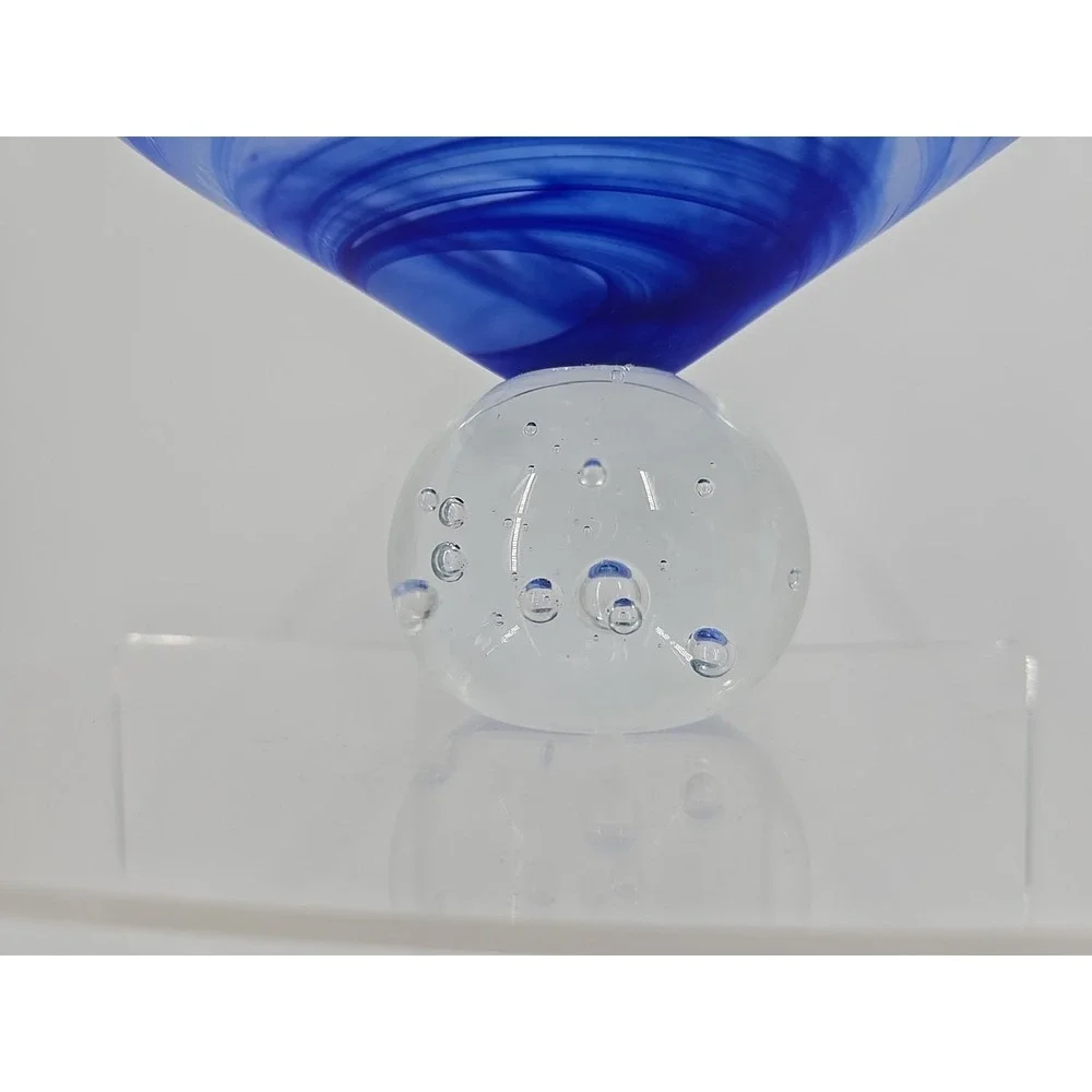 Satin blue Swirl Compote  Polished  Clear Glass Base W/ Bubbles 7